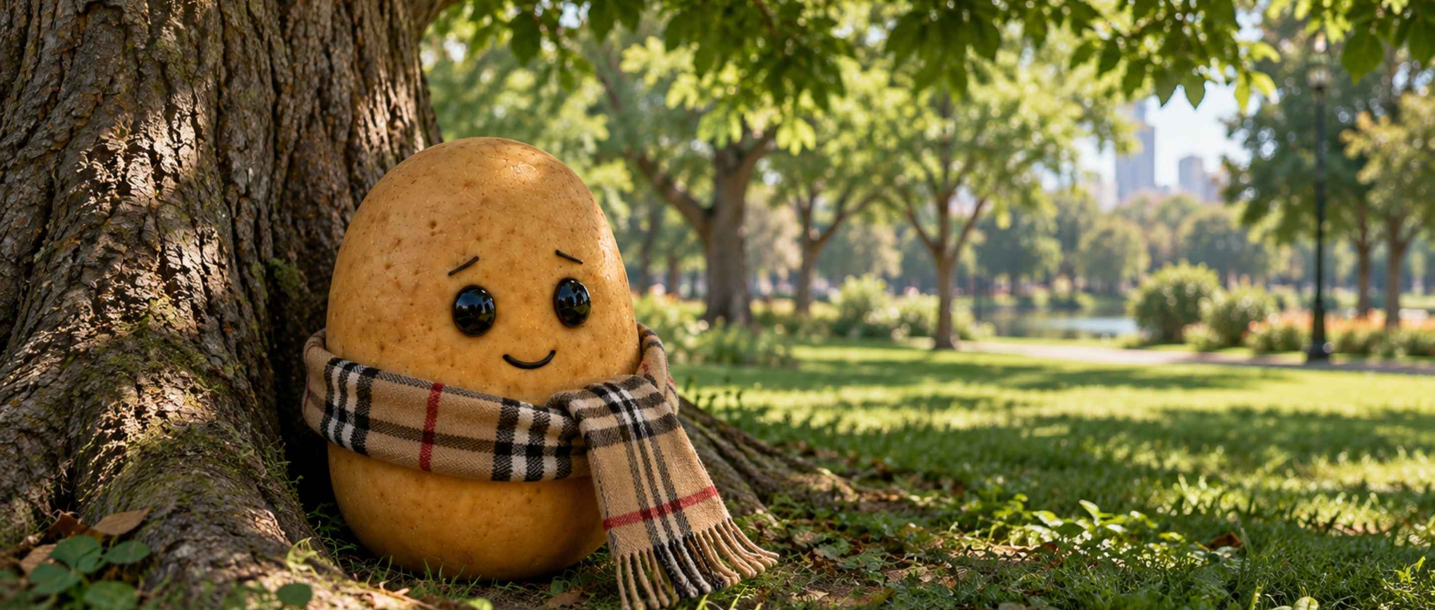 Mo in a checked scarf, resting beneath a tree in a sunlit park